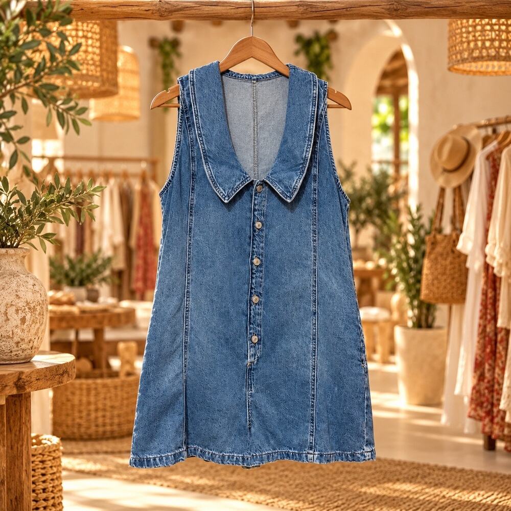 We The Free Denim Playsuit Romper Oversized Collar Button Front Size L